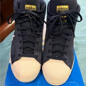 adidas Navy and Cream High-Top Sneakers with Gold Logo